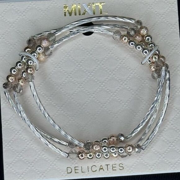 MIXIT Delicates Set of 3 Silver Gold and Rose Gold Beaded Stretch Bracelet - Picture 3 of 4